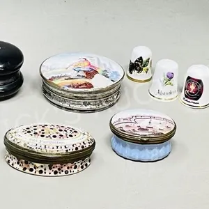 assorted pill boxes, trinket holders, thimbles