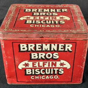 2# TIN LITHO BIN BREMER BROS ELFIN BISCUITS CHICAGO CRACKER
