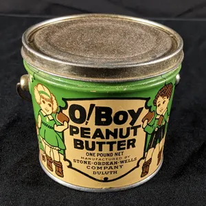 1# TIN LITHO CAN O! BOY PEANUT BUTTER STONE ORDEAN WELLS CO DULUTH MINNESOTA