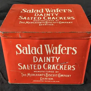 2# 8oz TIN LITHO BIN SALAD WAFERS DAINTY SALTED CRACKERS MERCHANTS BISCUIT CO DENVER COLORADO