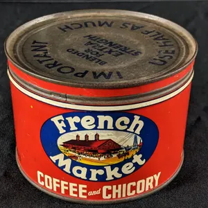 1# TIN LITHO CAN FRENCH MARKET COFFEE & CHICORY NEW ORLEANS LOUISIANA