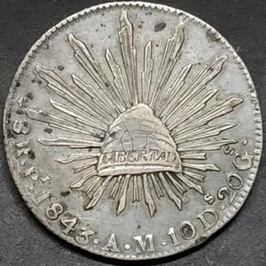 1843 Pi AM Mexico 8 Reales Cap & Rays Silver Coin