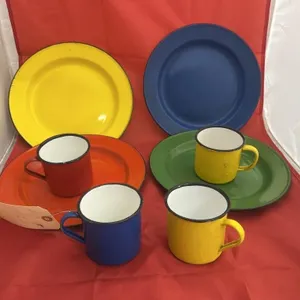 8 Pcs - Metal Enameled Coffee Mugs & Plates