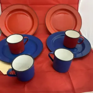 8 Pcs - Metal Enameled Coffee Mugs & Plates