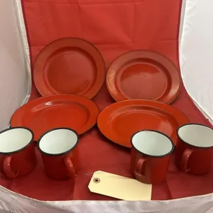 8 Pcs - Red Enameled Coffee Cups & Plates