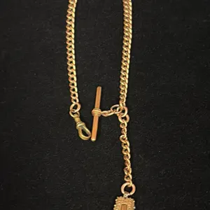 APPROX 9K WATCH CHAIN (15") WITH APPROX 9K FOB SET WITH CARNELIAN BLOODSTONE (43.5G)