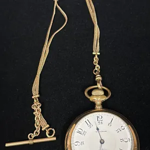 GOLD PLATED WALTHAM POCKET WATCH WITH WATCH CHAIN (12")