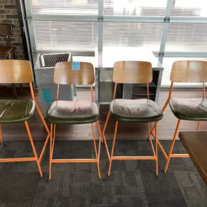 4 Tall Chairs, metal frame, wood back, upholstered seats, 26” seat height