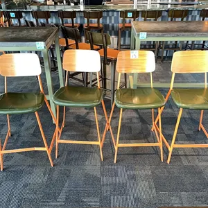 4 Tall Chairs, metal frame, wood back, upholstered seats, 26” seat height
