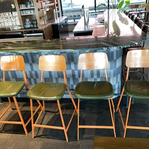 4 Tall Chairs, metal frame, wood back, upholstered seats, 26” seat height