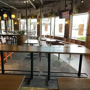 Bar Height Heavy Duty Table, metal pedestal bases with foot rails, wood tabletop