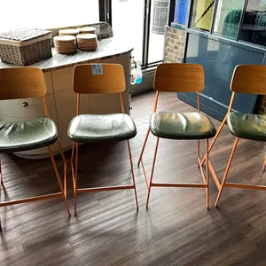 4 Tall Chairs, metal frame, wood back, upholstered seats, 26” seat height