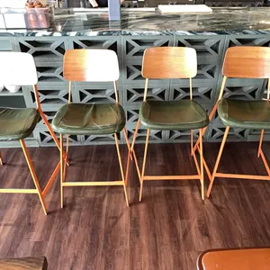 4 Tall Chairs, metal frame, wood back, upholstered seats, 26” seat height