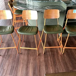 4 Tall Chairs, metal frame, wood back, upholstered seats, 26” seat height
