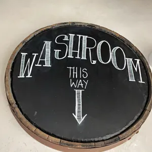 2 round oak barrel framed signs, 21.5” diameter