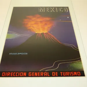 Vintage 1940s Mexico Travel Poster Featuring Parícutin Volcano,