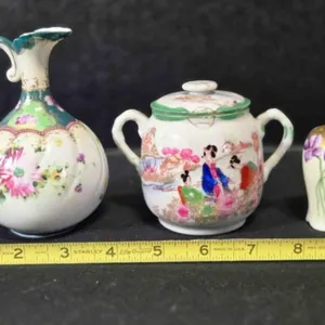 Porcelain pitcher, 5" tall; Creamer, 3" tall