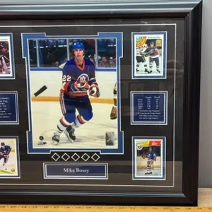 Framed Mike Bossy Photo & Hockey Cards. 22.5”W x