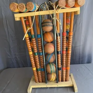 Vintage Wooden Croquet Set with Stand Mallets Ball