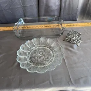 Vintage Glass Baking Dish Egg Plate and Napkin Hol