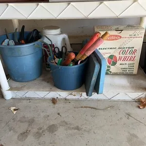 Assorted Garden Hand Tools and Vintage Holiday Lig