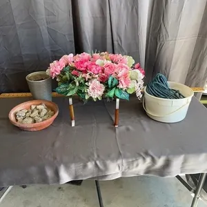 Assorted Garden Planters Faux Flowers and Blue Rop