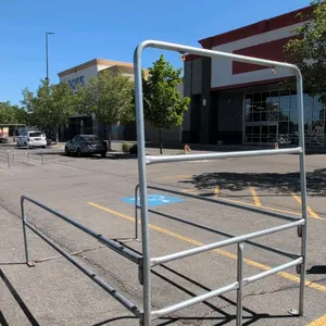 Metal shopping cart corral. Features tubular metal construction with base mounting plates. 114"L x 64"W x 82"H.