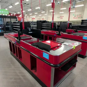 2023 Royston UL-6-55-LH-1 single belt check lane with bagging stand. Features a red finish, black bumper guards, anti-fatigue mat, and small poly wast