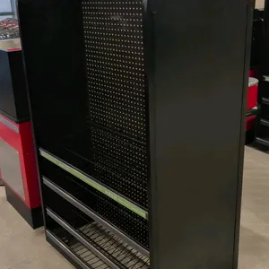 Portable double-sided metal merchandise display rack. Features black finish, pegboard backing, and angled wire shelves. 40"W x 22"D x 59"H.