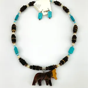 Turquoise, Wood & Pearl Necklace and Earring Set