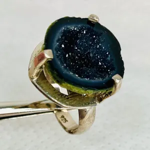Black Agate Geode Sterling Silver Ring