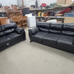 Black Leather-Look Three-Seat Sofa Set with Rolled Arms 82" Wide and 2 Seater Love Seat 50"