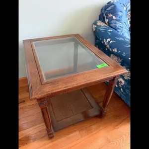 Brown Wood Glass Top End Table Lower Shelf