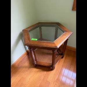 Brown Hexagonal End Table Glass Top Wicker Shelf