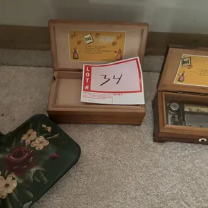 2 - music boxes and Japanese tray holding checkers