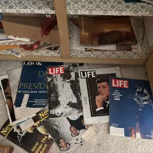Items and 2 - drawers and doors, including Life magazines of Kennedy and moon shots along with more