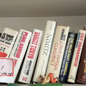 Hardback books on second shelf from top