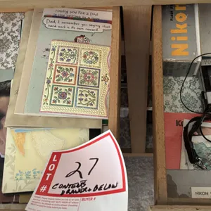 2 - drawers and 2 - doors below, including slide projector that works and slides, and other miscella
