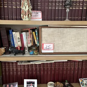 Bottom, 3 - shelves of books and knickknacks, encyclopedia Britannica