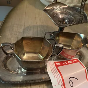 Silver cream and sugar, platter and dish