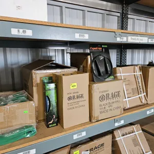 Shelf of New Fitness Equipment: Resistance Bands, Speed Ropes, 35lb Slam Balls, 12" Steel Plyo Box, 36lb Weighted Vest