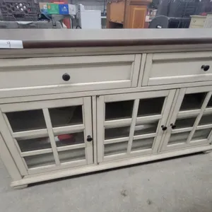 Off-White Console Cabinet with Dark Wood Top, Glass-Paned Doors, and Drawers 33 x 55 x 15"