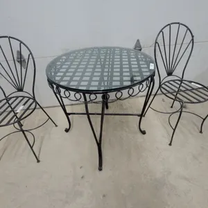 Black Metal Patio Bistro Set with Glass-Top Table and Two Fan-Back Chairs