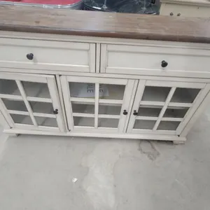 Off-White Display Cabinet with Glass-Paned Doors and Dark Wood Top Ikea 56 x 15 x 33"