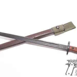 WWI British pattern 1907 rifle bayonet w/ scabbard and frog. Handle marked "SLA246" blade marked XOA