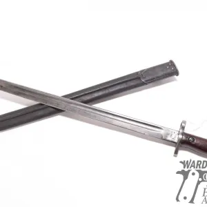Wilkinson 1907 bayonet w/ 17" blade, leather and metal scabbard. See photos for marks
