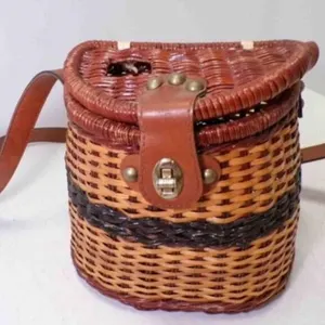 Vintage Wicker Fishing Creel Handbag Faux Leather