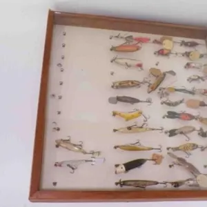 Vintage Fishing Lures Wood Case w/glass slide top