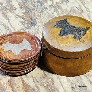antique hand crafted Scotty dog wood coaster set