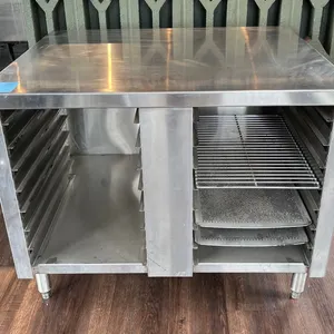 Commercial Stainless Steel Bakery Prep Table with Integrated Sheet Pan Rack Storage, 35.5” wide x30” deep x20” height
